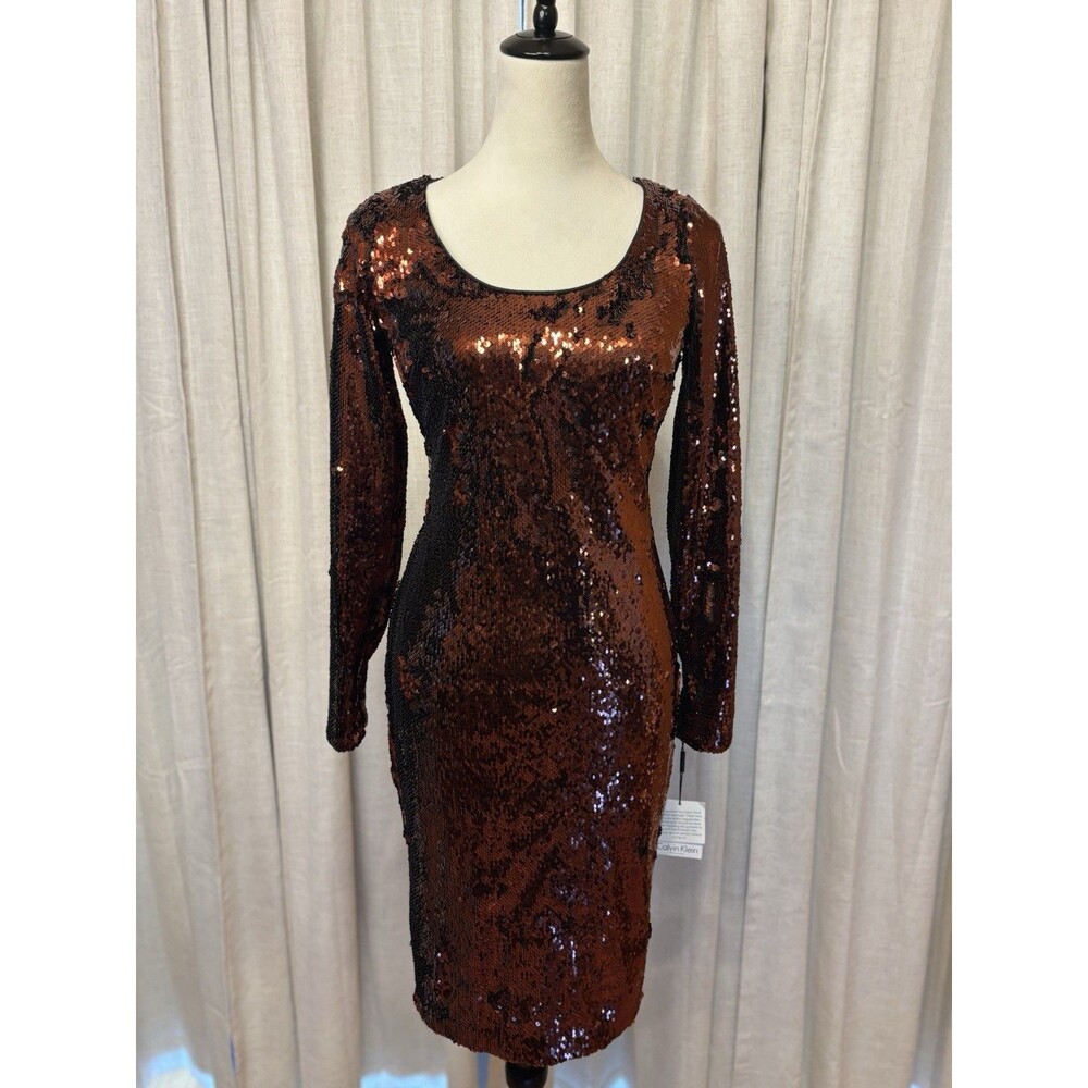 Calvin Klein Women's Sequin Dress Sz 2 Long Sleeve Pencil Holiday Party Bodycon